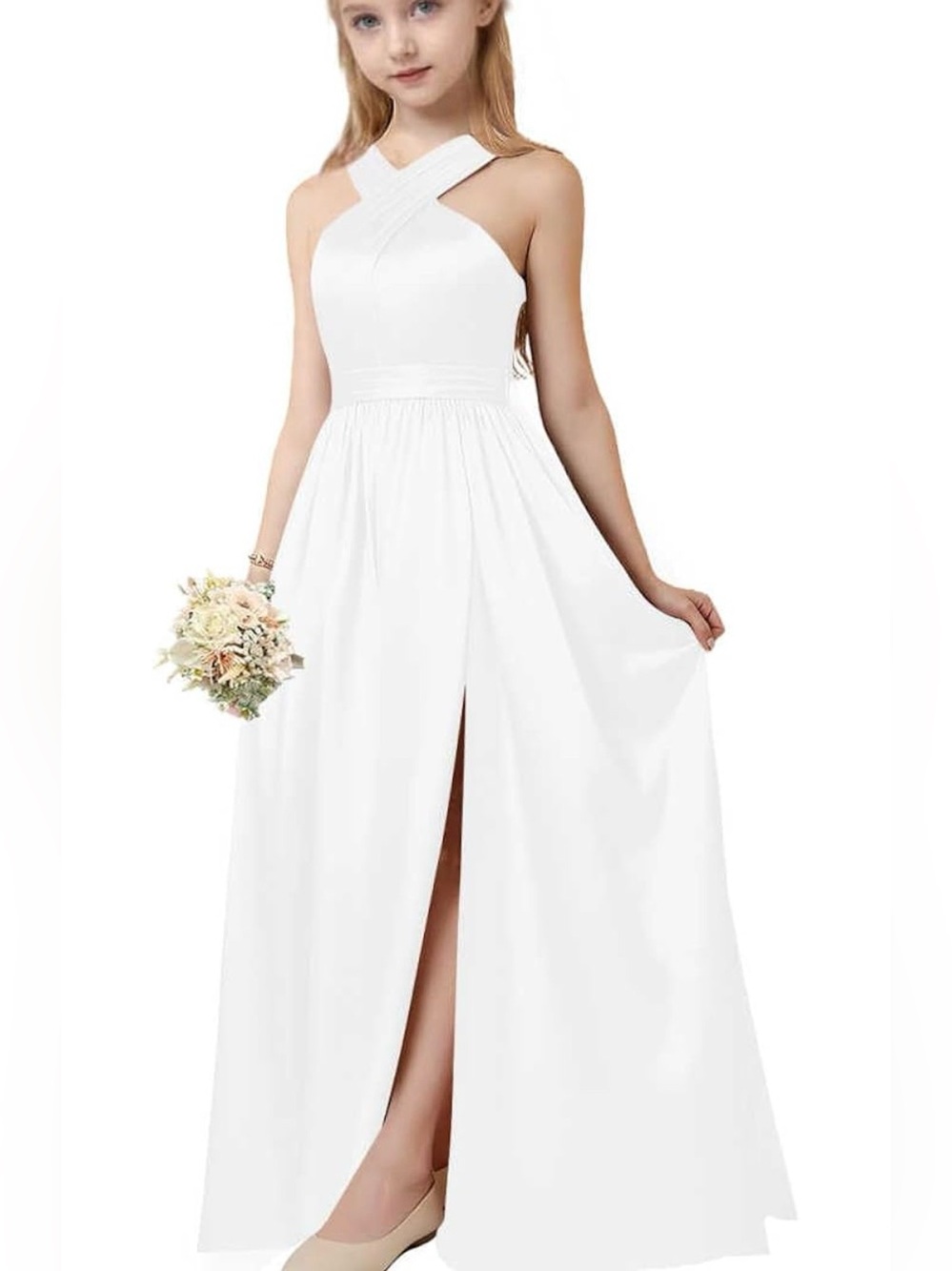 Girls Pearl Satin Dress in white with Front Slit